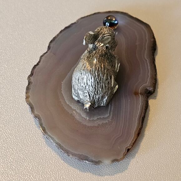Vintage Pewter Bunny on Agate Slice Crystal with Rainbow Orb - Picture 2 of 7